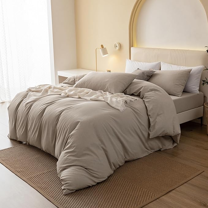 JIYUAN 100% Washed Cotton Duvet Cover Set 3 Pieces Full, 1 Duvet Cover 80x90 Inches (Comforter Not Included) and 2 Pillowcases,Linen Feel Bedding Set Comfy and Breathable, Heathered Tannish Linen Grey