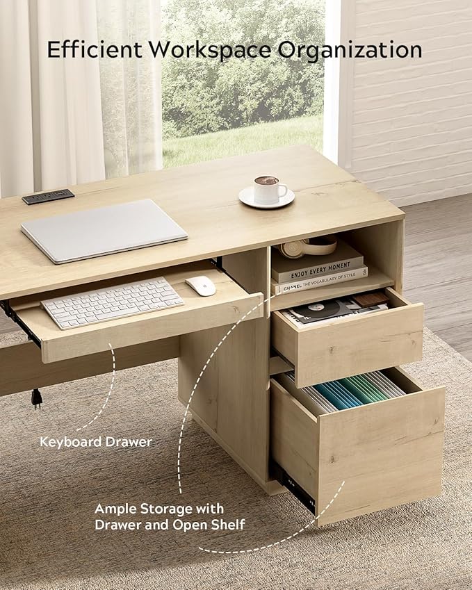 Farmhouse Computer Desk, 47" Home Office Desk with File Drawer & Open Storage & Power Outlet, Large Wooden Executive Desk for Study Writing, Light Oak