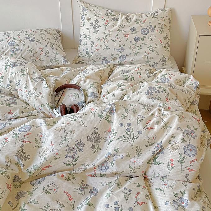 EAVD Vintage Style Floral Duvet Cover Queen Soft 100% Cotton Chic Shabby Garden Floral Bedding Set with 2 Pillowcases Fresh Cottagecore Botanical Comforter Cover with Zipper Closure