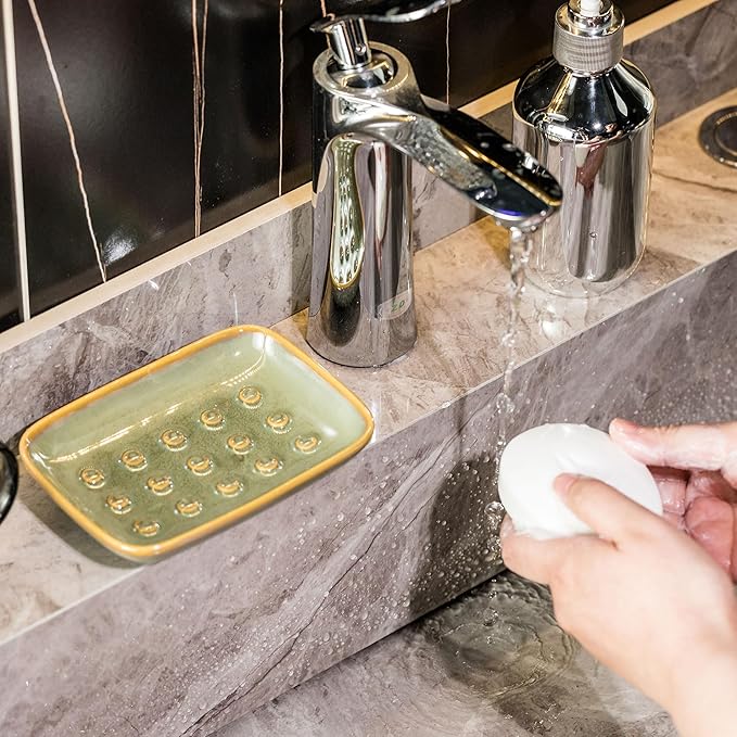 Soap Dish for Shower, Ceramic Soap Dish for Large Soap Bars, Non-Slip Soap Holder & Saver Tray with Floating Point Design for Bathroom, Shower, Kitchen Sink, Save Soap Loss (Pack of 2)