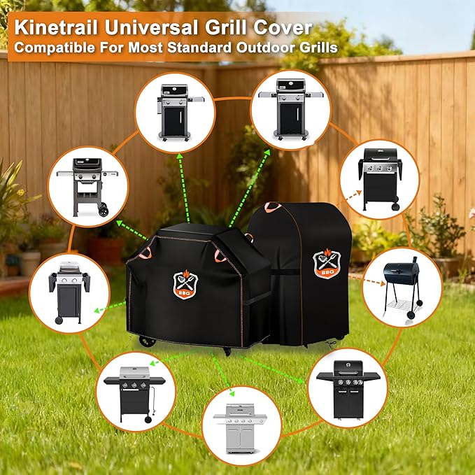 Kinetrail Grill Cover, Universal 52" BBQ Grill Cover for Outdoor Grill, Waterproof, Weather Resistant, Fade Resistant Gas Grill Cover with Adjustable Double Straps for Weber, Char-broil, Nexgrill, etc