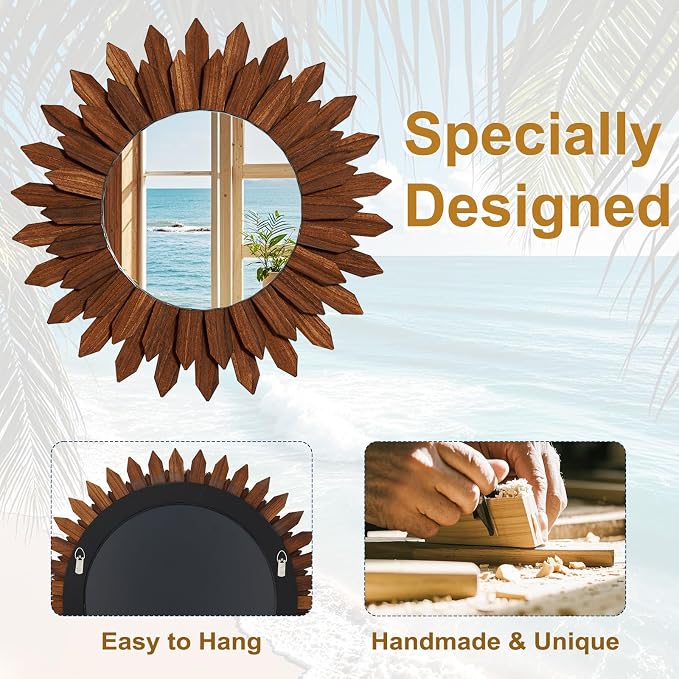 Boho Wood Sunburst Round Wall Mirror, 20 Inch Rustic Circle Wooden Frame Decorative Mirror for Farmhouse Coastal Home, Home Wall Decor for Living Room Entryway Bedroom, Walnut