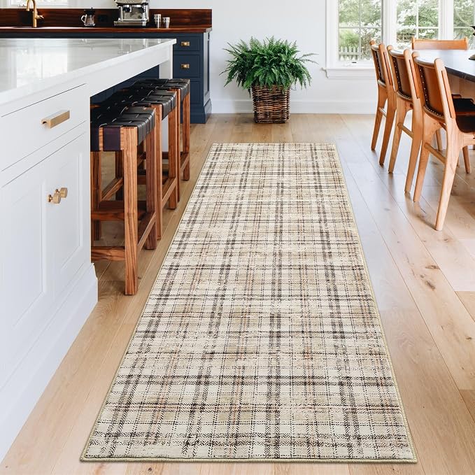 Tartan Plaid Washable Runner Rug 2.5x12 Non Slip Kitchen Rugs Modern Beige Indoor Entryway Rug Soft Bath Mat Stain Resistant Carpet for Bedroom Hallway Laundry 2'6''x12' Beige