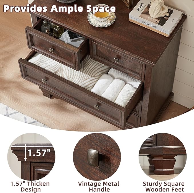 Farmhouse 5 Drawer Dresser for Bedroom, 32.6 Inch Tall Vintage Chest of Drawers, Mid-Century Small Dressers w/Square Solid Wood Legs, Rustic Storage Organizer for Living Room, Walnut