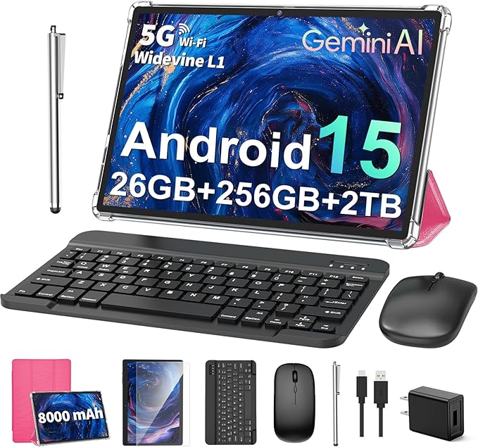 PYNAREL Android Tablet with Keyboard, 26GB+256GB, 2TB Expand, Android 15 Tablet 10 inch with Octa-Core, 8000mAh, 5G WiFi, BT5.0, Widevine L1, Split Screen, Case, Mouse, Stylus(Pink Case)
