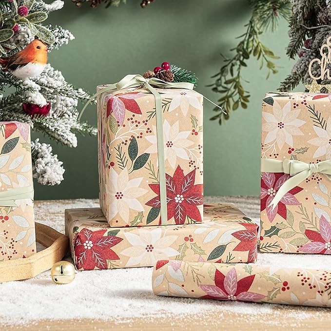 RUSPEPA Kraft Christmas Poinsettia Wrapping Paper Roll, Mini Roll, Red & Pink Floral with Greenery Design, Kraft Holiday Gift Wrap for Women, Family, Rustic Xmas Gifts, 17 Inches x 16.4 Feet