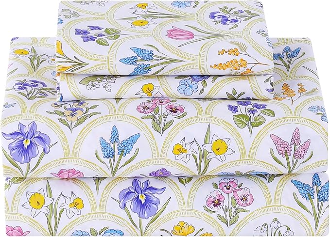 Softan Floral Full Sheet Set, 4-Piece Microfiber Printed Fitted Sheet with 15" Deep Pockets & Non-Slip Straps, Multi Flower Patterned Double Bedding Sheets & Pillowcase Set