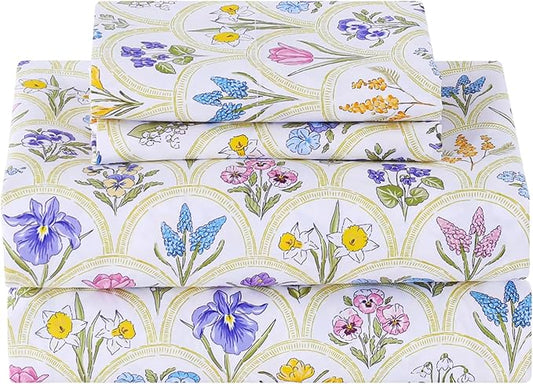 Softan Floral Full Sheet Set, 4-Piece Microfiber Printed Fitted Sheet with 15" Deep Pockets & Non-Slip Straps, Multi Flower Patterned Double Bedding Sheets & Pillowcase Set