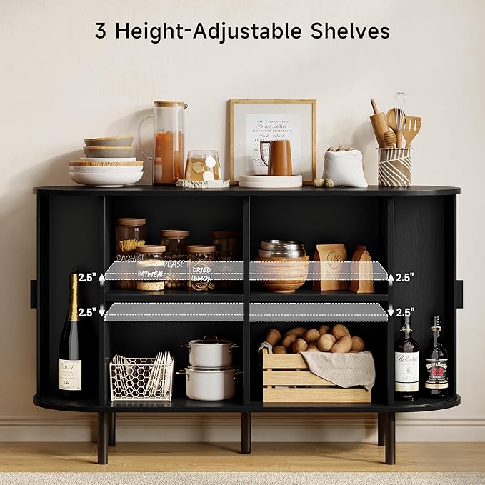 Buffet Sideboard Cabinet with Storage, 48" Fluted Cabinet with Sliding Door & Adjustable Shelf, Modern Accent Coffee Bar Console Table for Kitchen, Entryway, Black