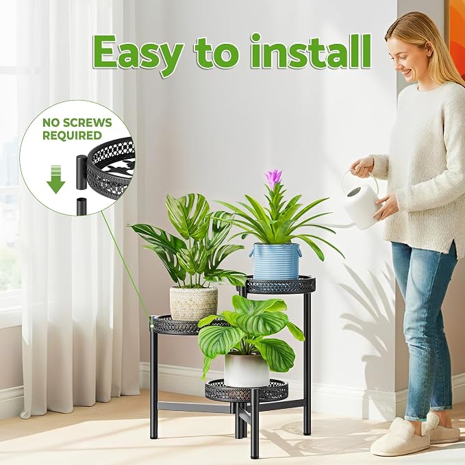 Metal Plant Stand Indoor Outdoor, 3 Tier Corner Tall Plant Shelf for Multiple Plants, Tiered Plant Stand, Heavy Duty Flower Plant Holder, Folding Tall Rack for Garden Patio Lawn Balcony - BlackWave
