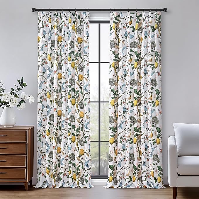 Curtains for Bedroom,Blue and White Hummingbird Floral Patterned Curtains 96 Inch Length for Living Room，Vintage Luxury Whimsical Floral Lemon Leaf Pinch Pleated Drapes，2 Panels
