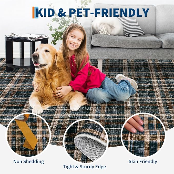 Large Living Room Rugs 10x13 Area Rug Stain Resistant Farmhouse Dining Room Carpet Non Slip Checkered Bordered Carpet for Classroom Dining Room, Black&Brown