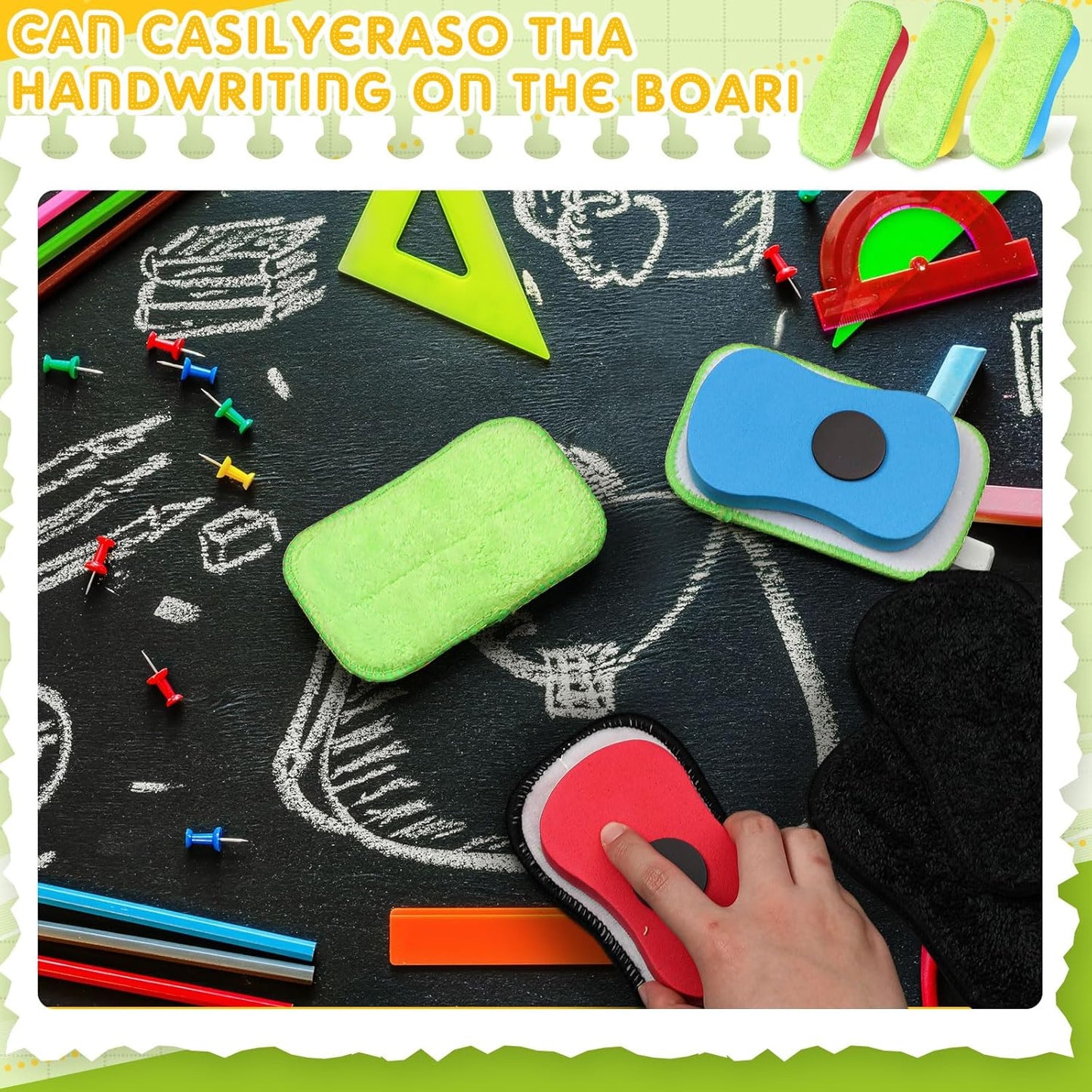 Zonon Chalkboard Erasers - Dust-Free Magnetic Reusable Set of 9 for Home & Office | Red, Yellow, Blue