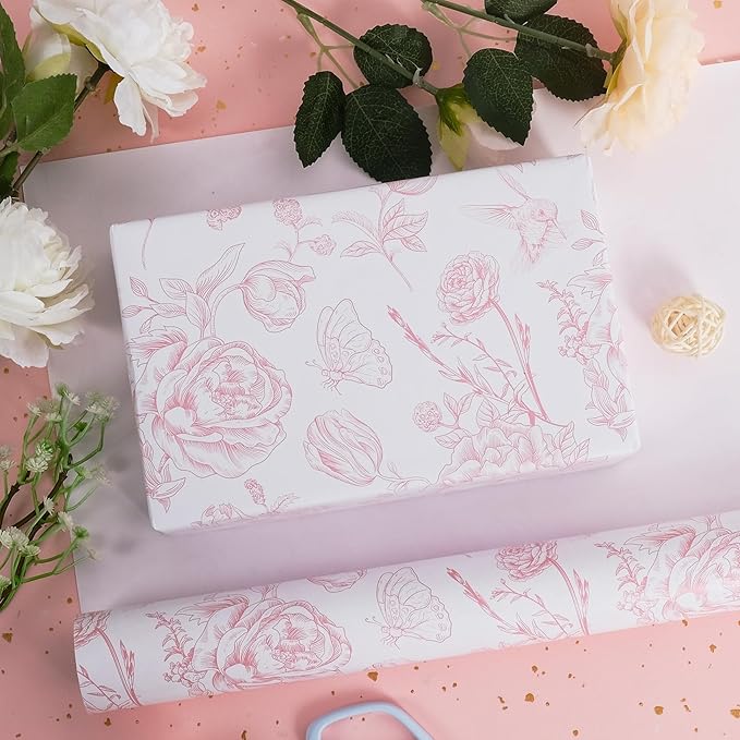 RayofSun Pink Floral Wrapping Paper Roll 17 in x 16.5 ft Mini Roll Vintage Toile Flower Gift Wrap Paper for All Occasion Wedding Birthday Bridal Shower Party Baby Shower Christmas