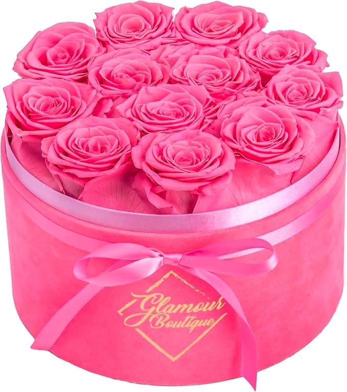 GLAMOUR BOUTIQUE Flower Forever Gift Box 12 Real Preserved Roses in Round Velvet White Box, Handmade, Rose Petals, Birthday, Marriage, Anniversary, Graduation - Velvet Pink
