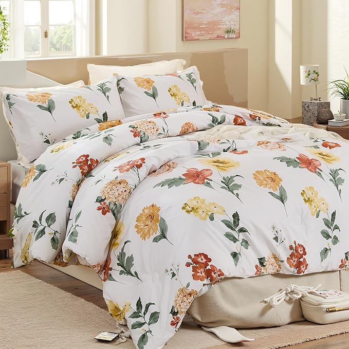 Yellow Floral Comforter Set Cute Botanical Bedding King 100% Cotton Floral Vintage & Country Cottage Bedroom Decor Soft Reversible