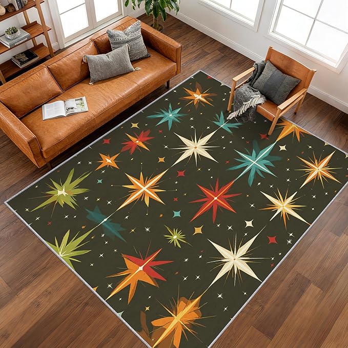 Atomic Rugs for Bedroom 4x5 ft, Abstract Starburst Area Rugs for Living Room, Washable Non Slip Low Pile Mid Century Modern Carpet, Home Decor PF-P 107