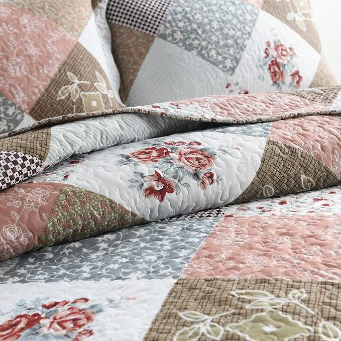 HoneiLife Quilt Set Queen Size - 3 Piece Microfiber Quilts Reversible Bedspreads Patchwork Coverlets Floral Bedding Set All Season Quilts,Mocha Rose-Queen/Full Size