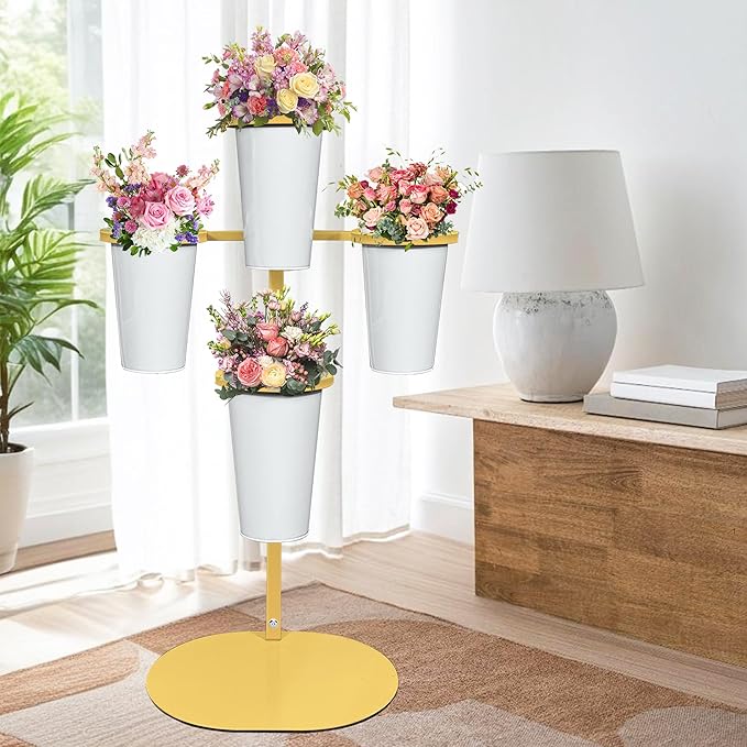 PROLEE Flower Display Stand with 4 Buckets, Flower Pot Stand, Flower Stand Metal, Florist Bouquet Shelf for Wedding, Party, Events, Oval Base, Gold