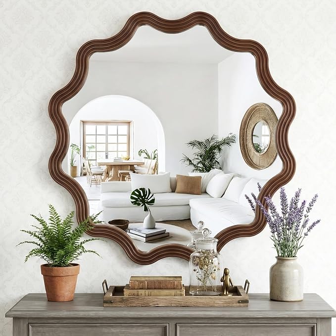 Farmhouse Wall Mirror - 31.5" Wood Frame Round Rustic Wall Decorative Mirrors, Circle Scalloped Wavy Round Boho Accent Mirror for Living Room, Bedroom, Entryway, Hallway, Fireplace (Walnut)
