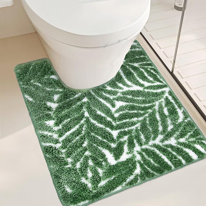 Dark Green U Shaped Toilet Mat for Bathroom Floor 24x20 Non Slip Washable Water Absorbent Cute Bathroom Decor Leaf Contour Bath Mat