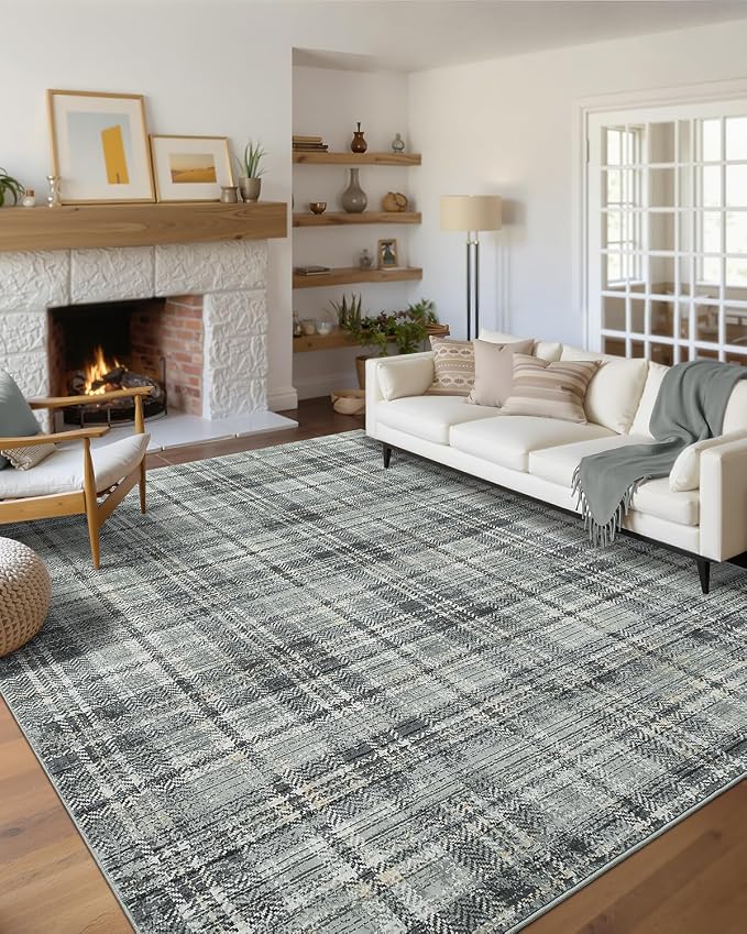 Washable Rugs 9 x 12 Rug for Living Room Soft Bedroom Rug Modern Plaid Large Area Rug Non Shedding Non Slip Throw Rugs Stain Resistant Carpet for Dining Room Nursery 9'x12' Greenish Grey
