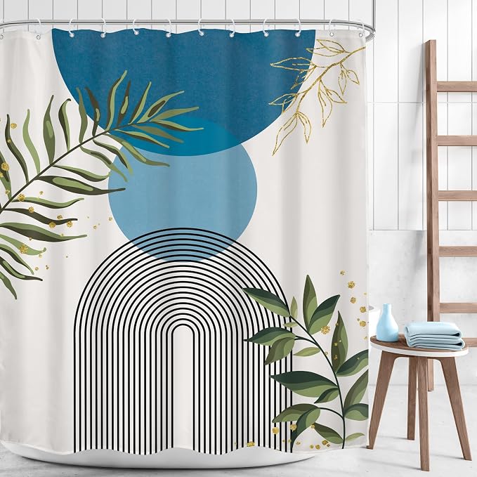 Blue Boho Modern Shower Curtain Mid Century Abstract Gold Green Leaves Sun Arch Minimalist Geometric Aesthetic Plant 60Wx72H Bathroom Decor Neutral Bath Curtain Fabric Polyester 12 Pack Hooks