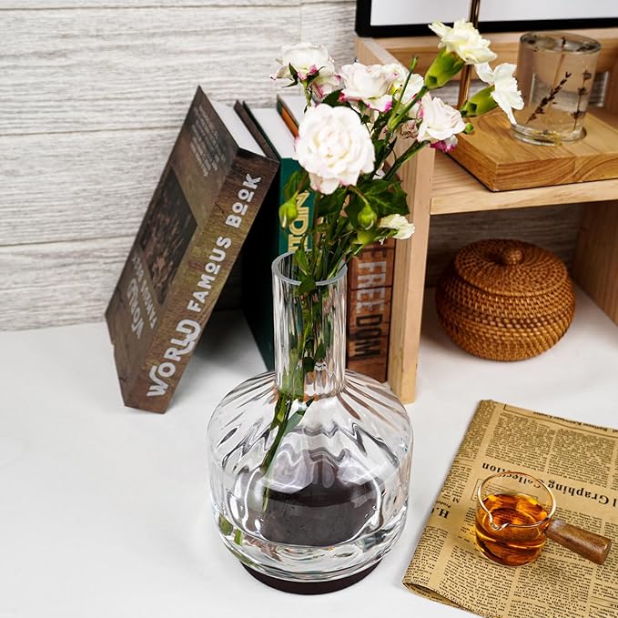 Decorative Glass Vase with Wooden Base, Modern Design for Fresh Flowers, Home and Office Decor
