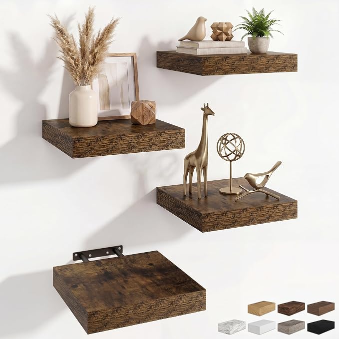 RICHFOCUS 8 Inch Floating Shelves for Wall Small Square Shelves Set for Bedroom|Kitchen|Bathroom|Wall Mounted Rustic Wood Floating Shelf with Invisible Brackets for Books|Storage|Decor, Rustic Brown