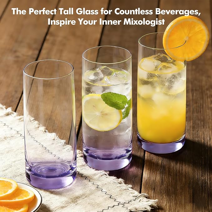 Purple Highball Glasses Set of 6, 13oz Drinking Glass Cups for Mixed Drink Cocktail, Beer, Mojito, Water and Juice,Thick Tall Crystal Glassware for Kitchen, Restaurant, Home Bar and Parties