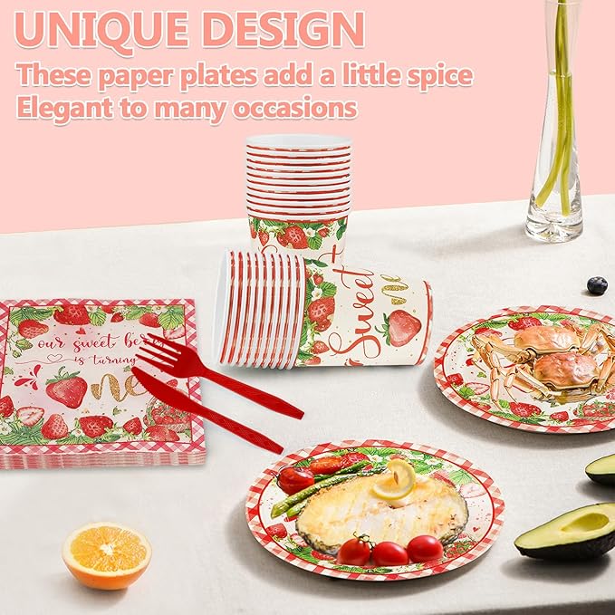 120 PCS 1st Birthday Decor, A Berry Sweet Girl is Turning One Disposable Tableware for Bday Thanksgiving Christmas, Strawberry Sweet One Birthday Tableware Set Plates Napkins Cups Knives Forks for 20