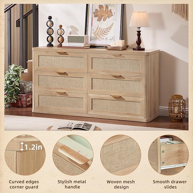 LEYAOYAO Rattan 6 Drawer Dresser for Bedroom, Boho 54" Wide Natural Wood Dresser Chest of Drawers, Dressers TV Stand with Metal Handle, Storage Dressers Closet Organizer for Living Room, Hallway