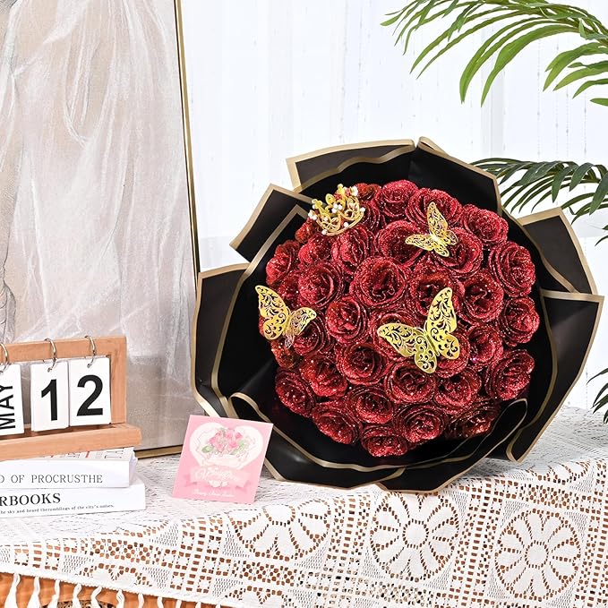Waipfaru 36 Pcs Glitter Roses Bouquet, DIY Fake Flowers Bouquet, Artificial Red Rose Bouquet for Valentines, Mothers Day Gifts, Anniversary, Engagement, Wedding