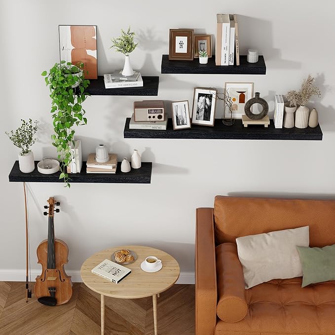Axeman Floating Shelves, 2 Pack 8 Inch Deep Modern Solid Wood Wall Shelves for Storage, Wall Mounted Display Shelving with Invisible Heavy-Duty Metal Bracket, 24" W x 8" D x 1.6" H, Distressed Black