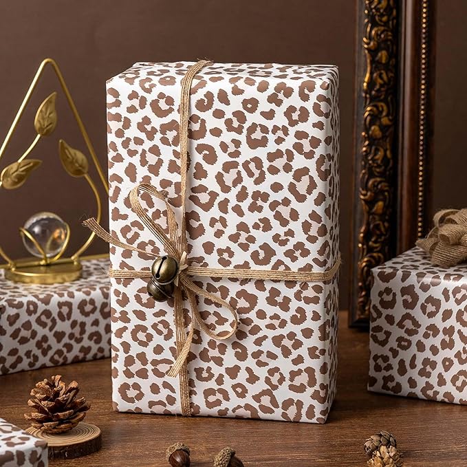 Burymento Brown Leopard Print Wrapping Paper, Cut Auxiliary Line Design Gift Wrap for Birthday Gift Wrap for Baby Shower, Valentines, Mothers day, Graduation, Wedding, Fathers day, Christmas (17in x 32.8ft)