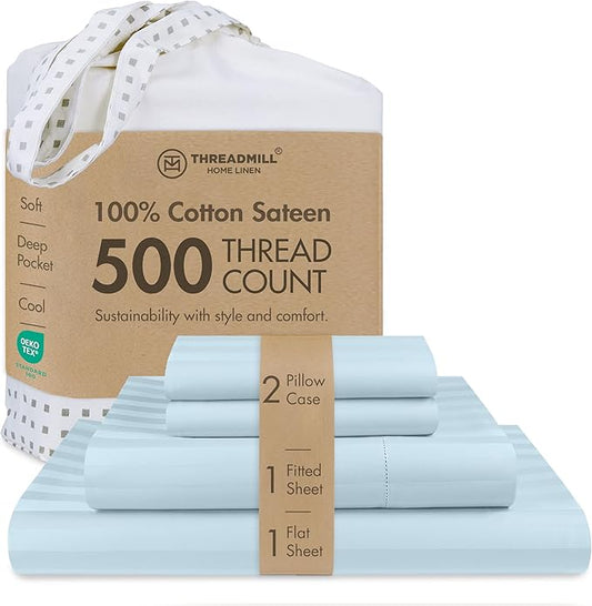 Threadmill 500 Thread Count Queen Size Damask Stripe, 4 Pc Luxury Cotton Bedding Set, Silky Smooth Light Blue Sheets with 16" Elasticized Deep Pocket, 2 Pillowcases & Free Tote Bag