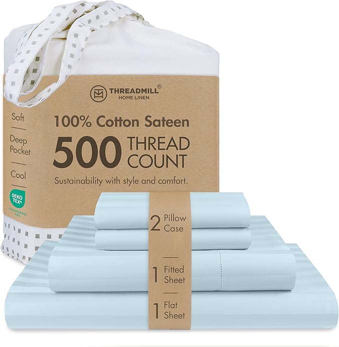 Threadmill 500 Thread Count Full Size Damask Stripe, 4 Pc Luxury Cotton Sheet Set, Breathable Light Blue Sheets with 16" Elasticized Deep Pocket, 2 Pillowcases & Free Tote Bag