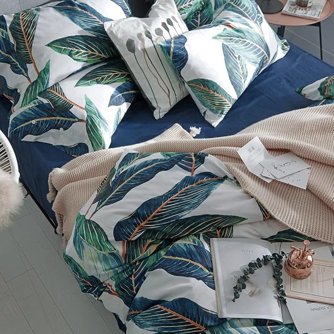 VM VOUGEMARKET King Duvet Cover Set Tropical Leaves Bedding Set,3 Piece Egyptian Cotton Green Quilt Cover with Zipper Closure,Reversible Vintage Printed Luxury Bedding Set-Tropical Leaf,King