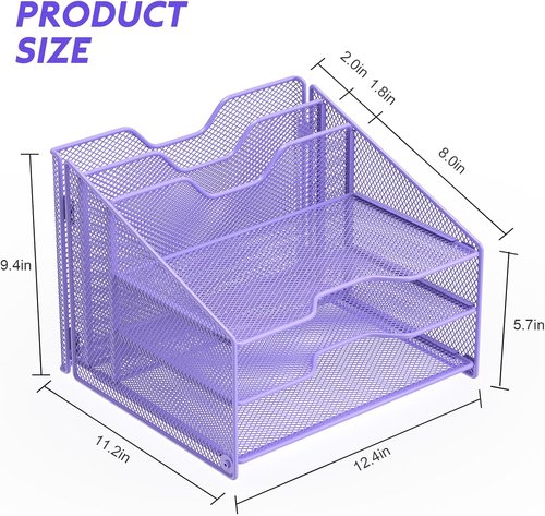 Samstar Desk File Organizer - Purple Mesh Letter Holder with 3 Trays & 2 Upright Sections for Office Supplies