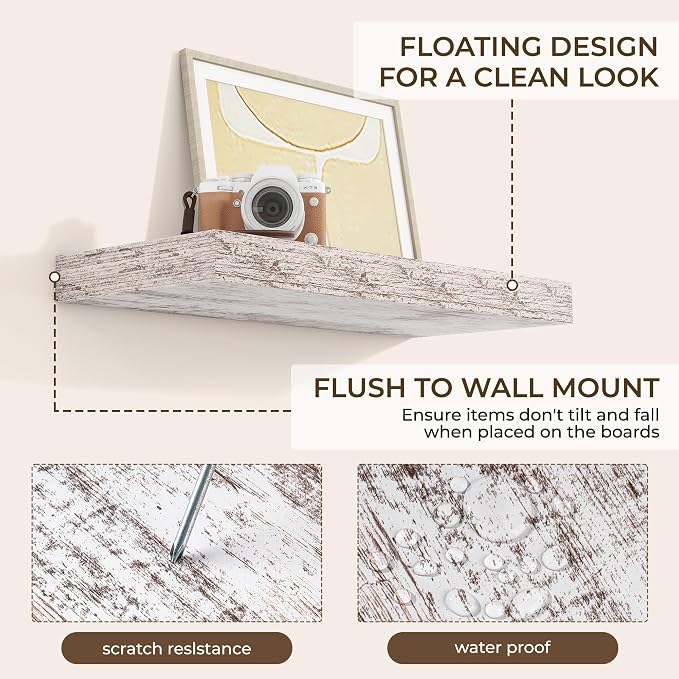 RICHFOCUS 20Inch Floating Shelves for Wall 2 Pack Shelves for Plant|Bedroom|Kitchen|Bathroom Rustic Wood Wall Mounted Shelf with Invisible Brackets for Books|Storage|Decor, Rustic White