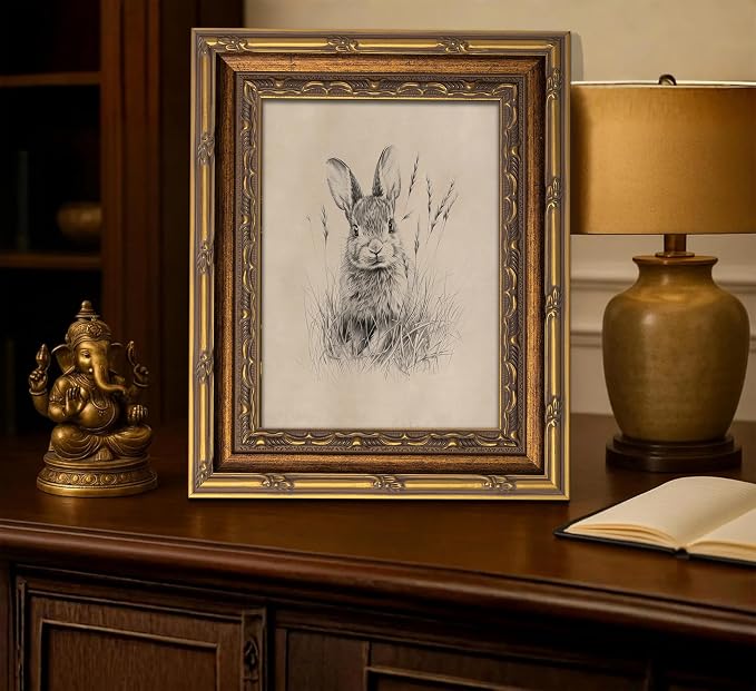 Vintage Gold Framed Easter Bunny Canvas Wall Art Vintage Rabbit Wall Decor Spring Farmhouse Animal Sketch Print Artwork Sketch Rabbit painting Picture for Farmhouse Bedroom Living Room 16X24in