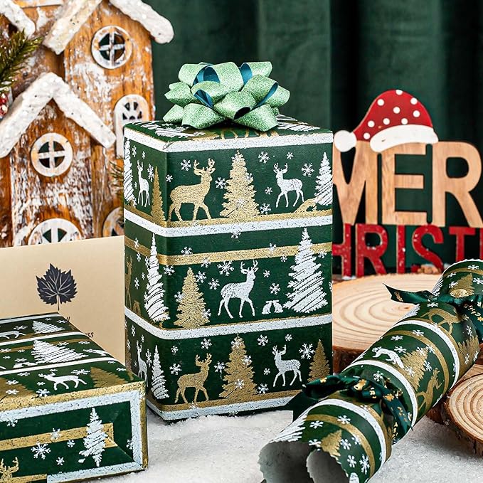 Yarcony Kraft Christmas Wrapping Paper, Green Wrapping Paper, Luxury Faux Sparkle Christmas Trees Reindeer Snowflake Heavy Duty Kraft Gift Wrap for Holidays, Winter Solstice (17 Inch X 33 Feet)