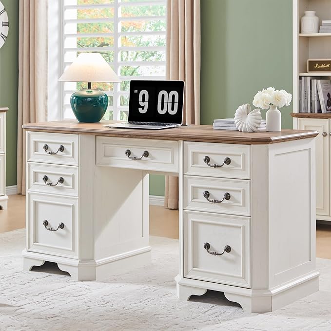 T4TREAM 59" Farmhouse Executive Desk with Drawers,Wood Home Office Computer Desk, Featuring Keyboard Tray,Charging Station,File Drawer, Storage Cabinet,for Work and Study (Antique White)
