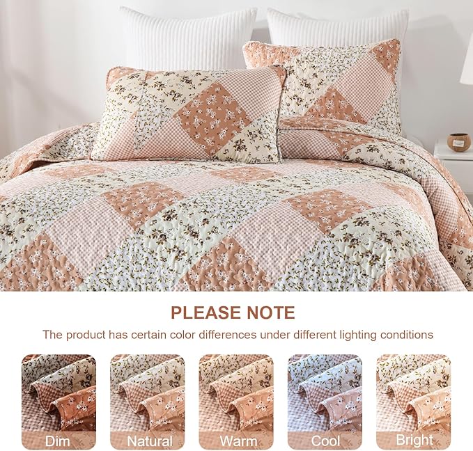 Dinjoy Pink Quilt Set Queen Size, Reversible Floral Plaid Patchwork Pattern Bedding Set Soft Microfiber Lightweight Bedspread Coverlet 3 Piece Spring Summer Use (90x96 inches)