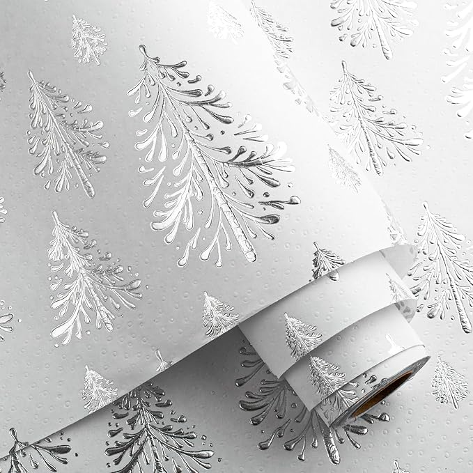 Flyhill Kraft Christmas Wrapping Paper,Silver Gold 3D Embossed Foil Christmas Tree with Woodlands Wrap Paper for Holiday, Party,Celebration, New Year (17 Inch X 32.8 Feet)