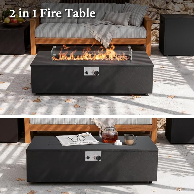Belord 42 Inch Outdoor Propane Fire Pit - 50,000 BTU Iron Rectangular Fire Pit Table with Hidden Tank Table, CSA Certifed, Lid & Guard Glass, 2 in 1 Outdoor Gas Fireplace for Patio Deck, Black