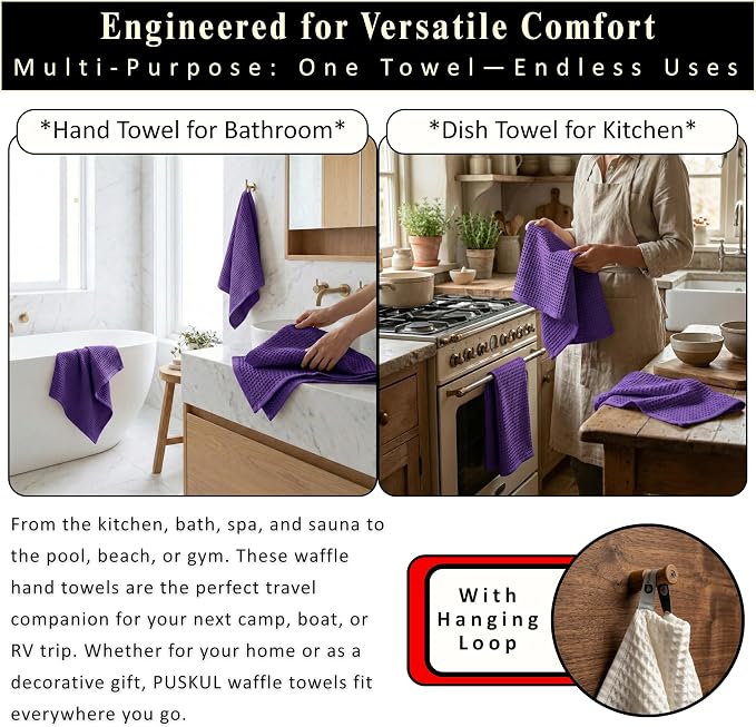 PÜSKÜL Natural 100% Turkish Cotton Waffle Kitchen Towels Set of 3 | Oeko-Tex, Premium Waffle Hand Towels for Bathroom | Soft Absorbent Quick-Dry Lint-Free Dish Towel Large 32x16 inch (3, Lilac)