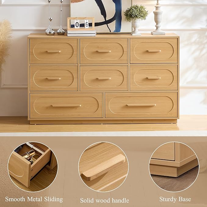 8 Drawers Dresser for Bedroom, 54" Wide Dressers & Chests of Drawers w/Solid Wood Handle, Mid Century Dresser TV Stand w/Natural Texture for Bedroom, Living Room, Natural Oak