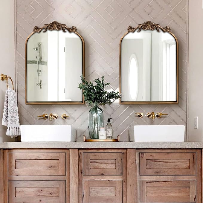 OUSHUAI Gold Traditional Vintage Ornate Baroque Mirror,Gold Brass Mirror for Wall,Victorian Antique Bronze Mirrors Arched for Bathroom/Living Room/Hallway/Fireplace 19"X27"