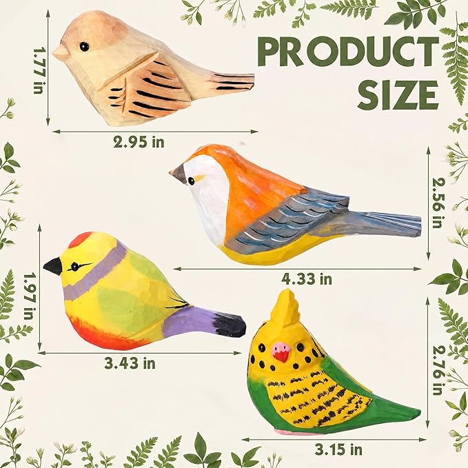 Novabright Hand-Carved Wooden Bird Statue Set of 4, Colorful Lifelike Miniature Figurines for Home Decor, Shelf Accents, Rustic Table Decorations & Bird Lover Gifts